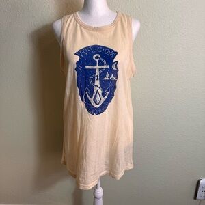 Volcom Women's T-Shirt Cream and‎ Blue Anchor Sea Stoned Sleeveless Size L